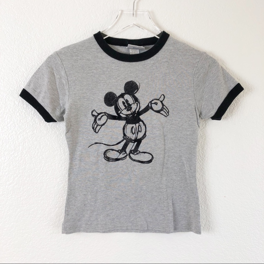 Vintage Y2K Disneyland Gray Mickey Mouse Graphic T Shirt Short Sleeve Ringer Tee